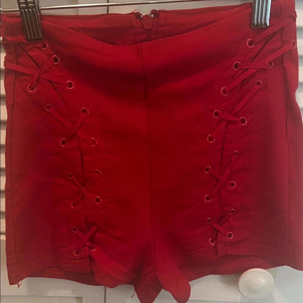 #1649** Spirit Red High-Waist Lace-Up Side Shorts - Picture 3 of 10